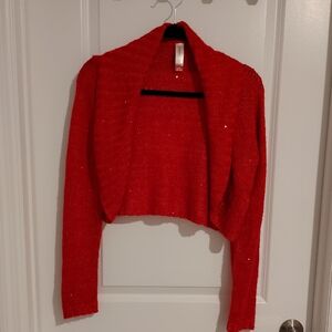 No Boundaries Cropped Vibrant Red Junior's Sparkle Cardigan Sequin Size L